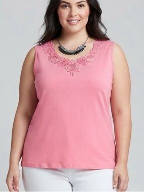 😍CLEARANCE CARROLL REED Coral Pink Lace Detail Tank Top Large